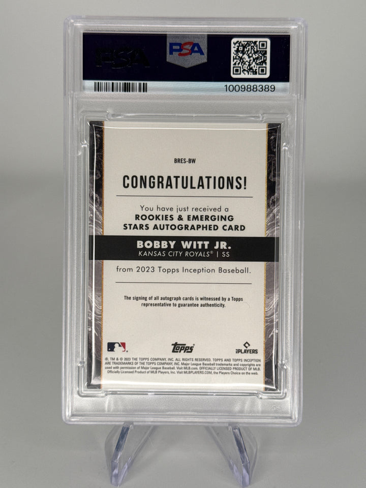 Bobby Witt Jr 2023 Topps Inception Emerging Stars Aqua Auto, 56/75, PSA 9 Mint, PSA 10 Auto