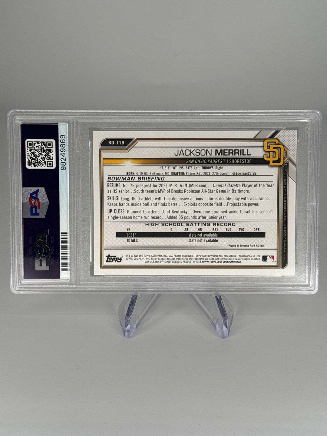 Jackson Merrill 2021 Bowman Draft 1st, PSA 10 Gem Mint