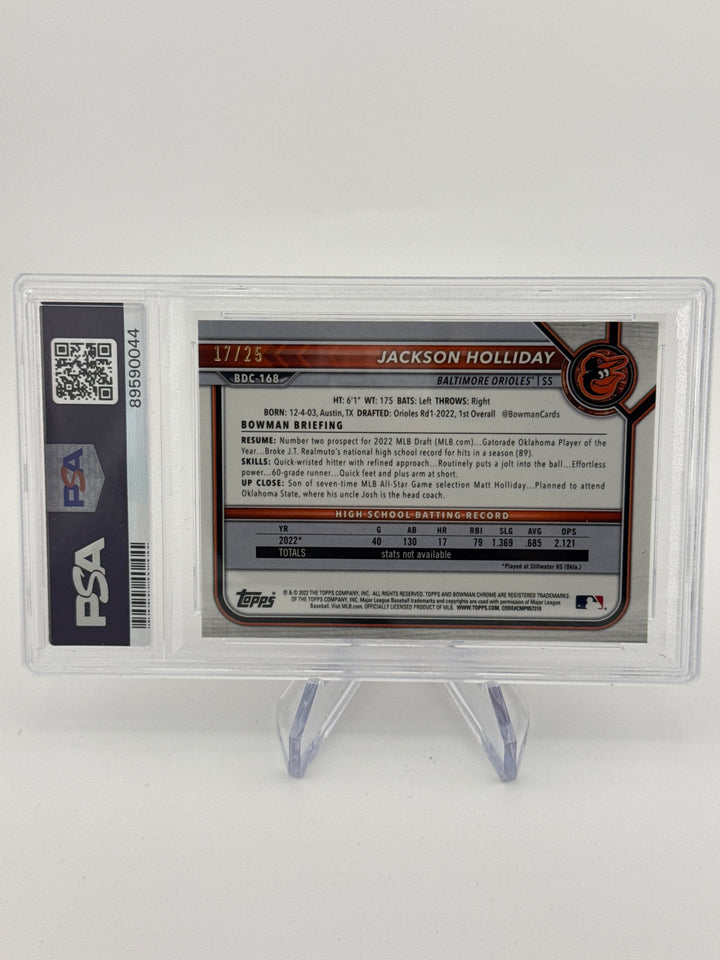 Jackson Holliday 2022 Bowman Chrome Draft Orange Refractor 1st, 17/25, PSA 9 Mint
