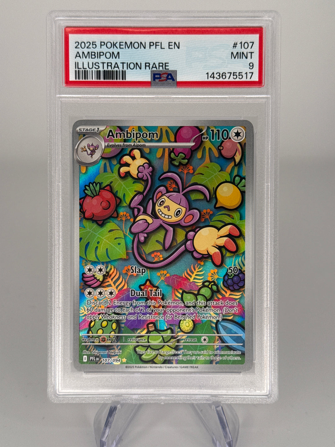 Pokemon TCG 2025 Ambipom Phantasmal Flames Illustration Rare, 107/094, PSA 9 Mint