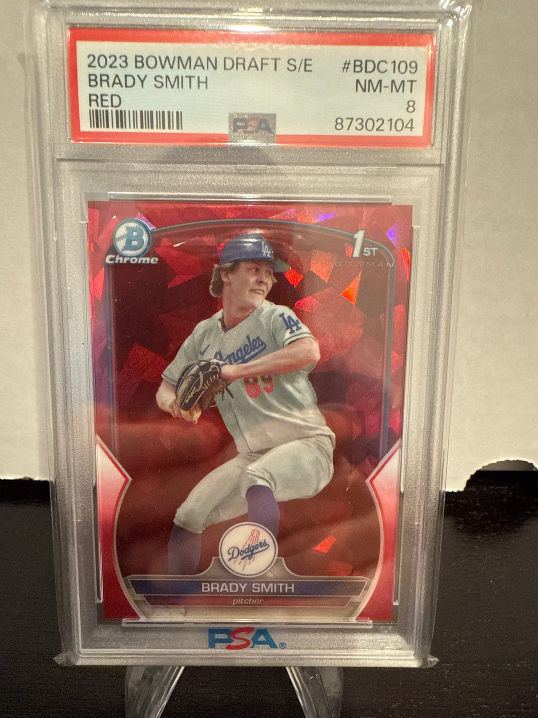 Brady Smith 2023 Bowman Chrome Sapphire 1st, Red, 3/5, PSA 8