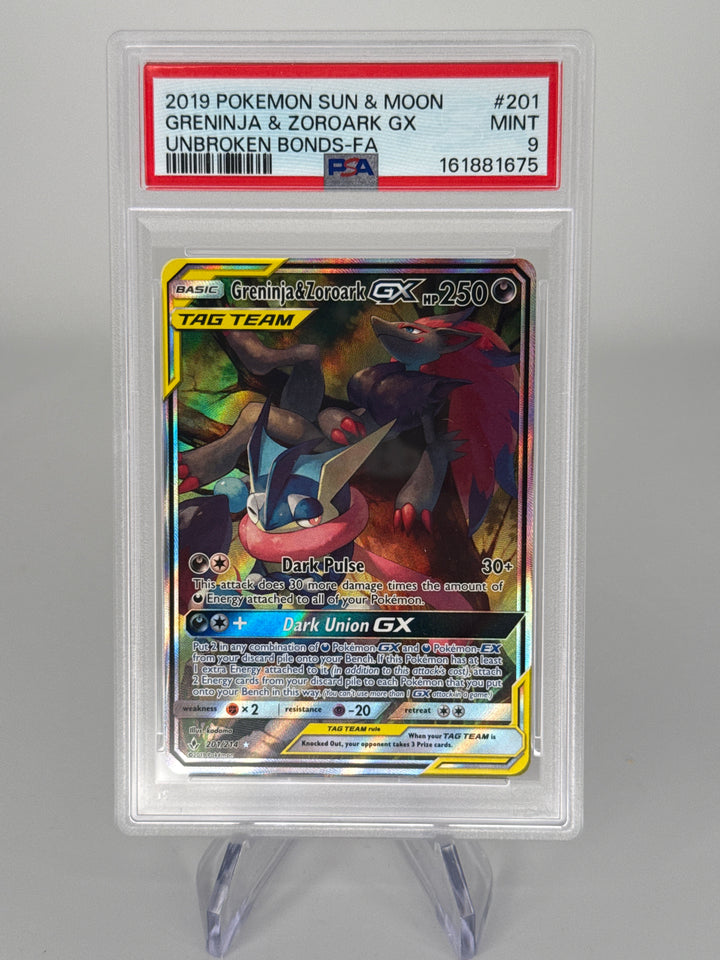 Pokemon TCG 2019 Greninja & Zoroark GX Sun & Moon Unbroken Bonds Tag Team, 201/214, PSA 9 Mint