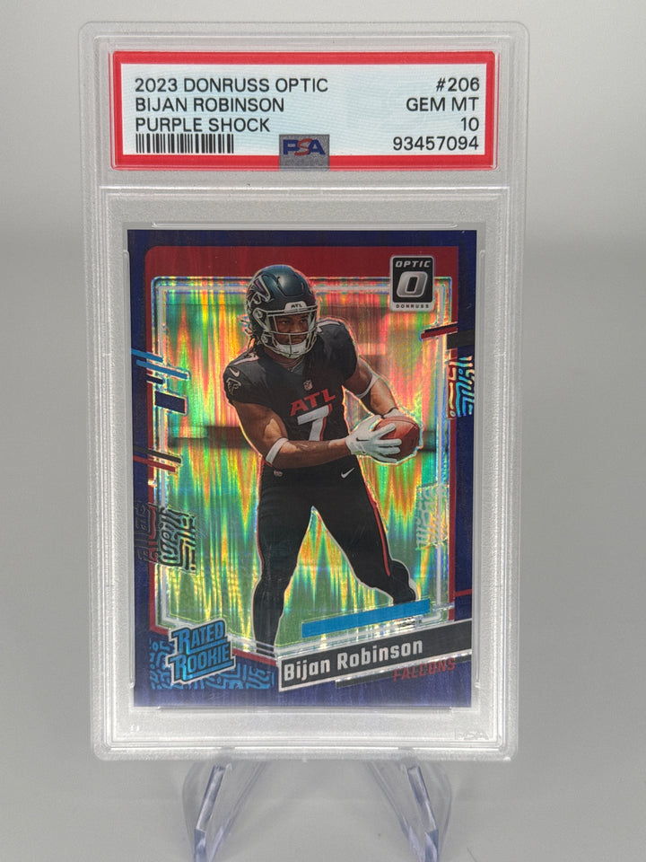 Bijan Robinson 2023 Panini Donruss Purple Shock Rookie, PSA 10 Gem Mint
