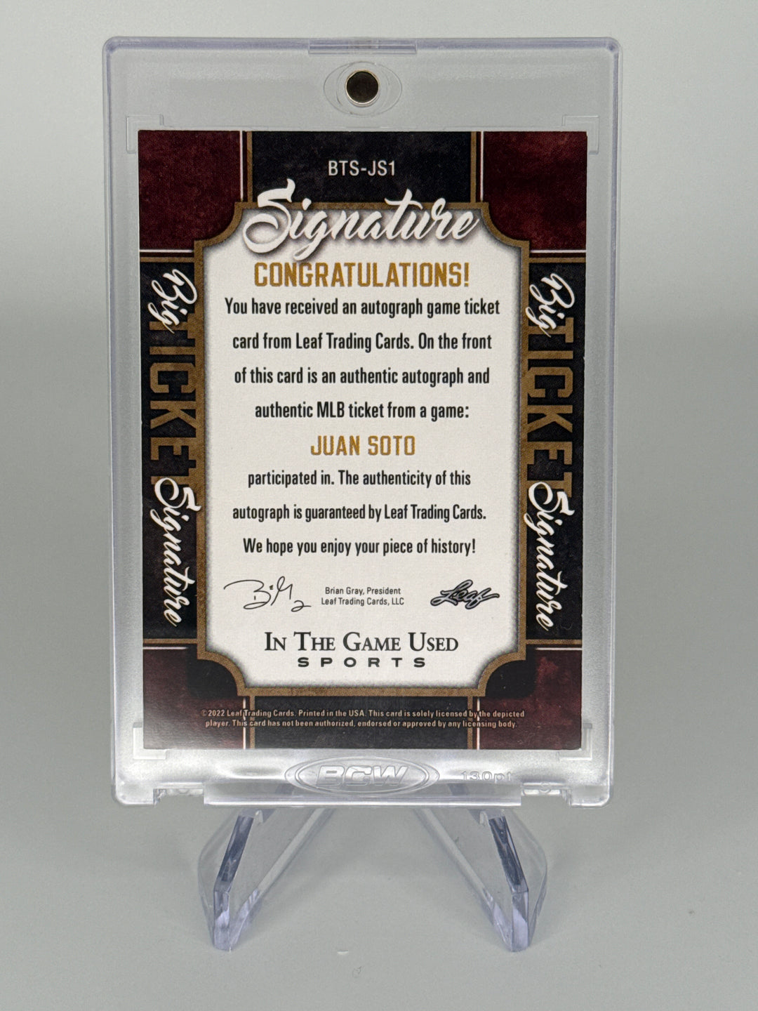 Juan Soto 2022 Leaf in the Game Used Sports Big Ticket Auto