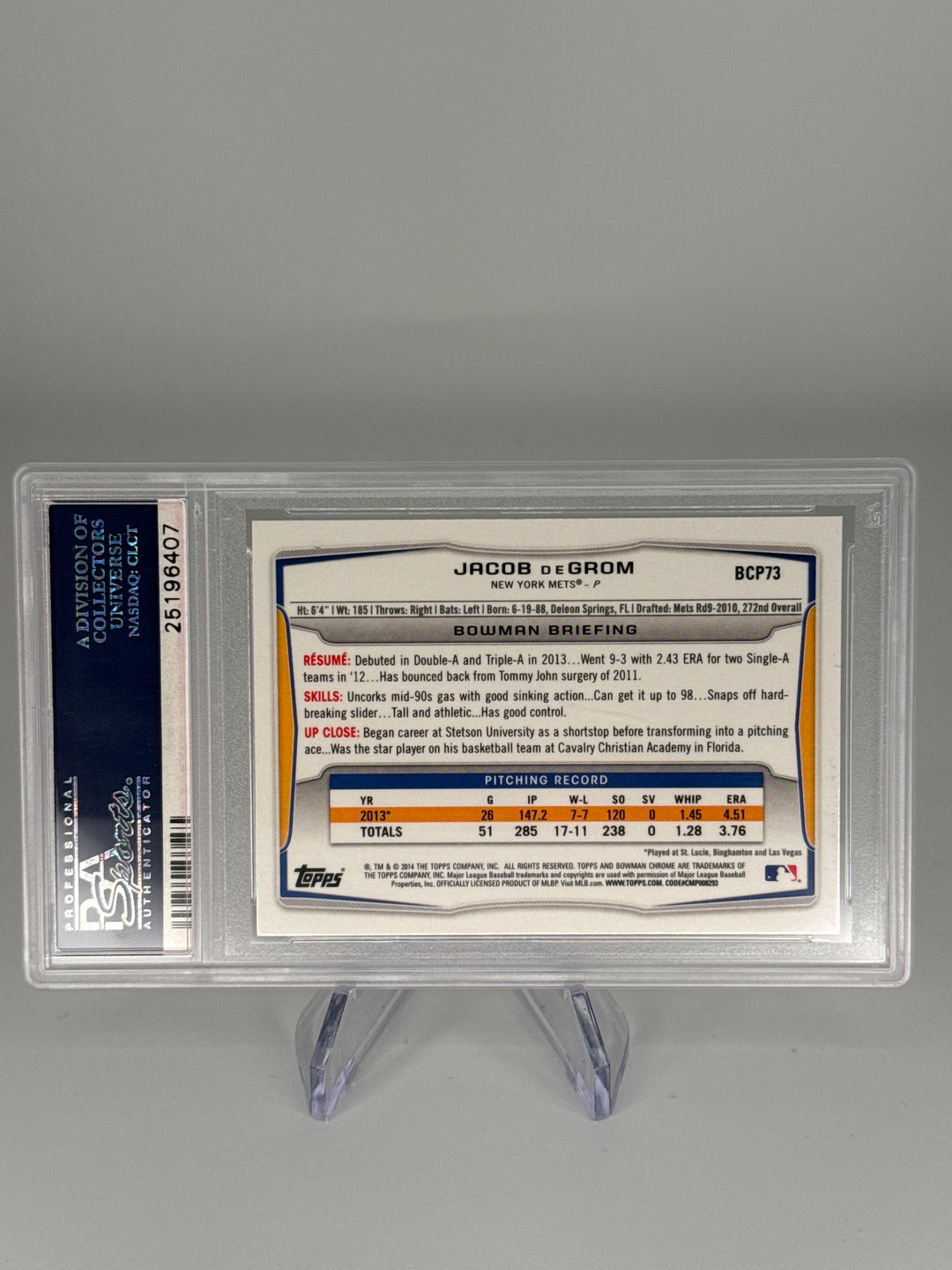 Jacob DeGrom 2014 Bowman Chrome Prospects 1st Bowman, PSA 10 Gem Mint