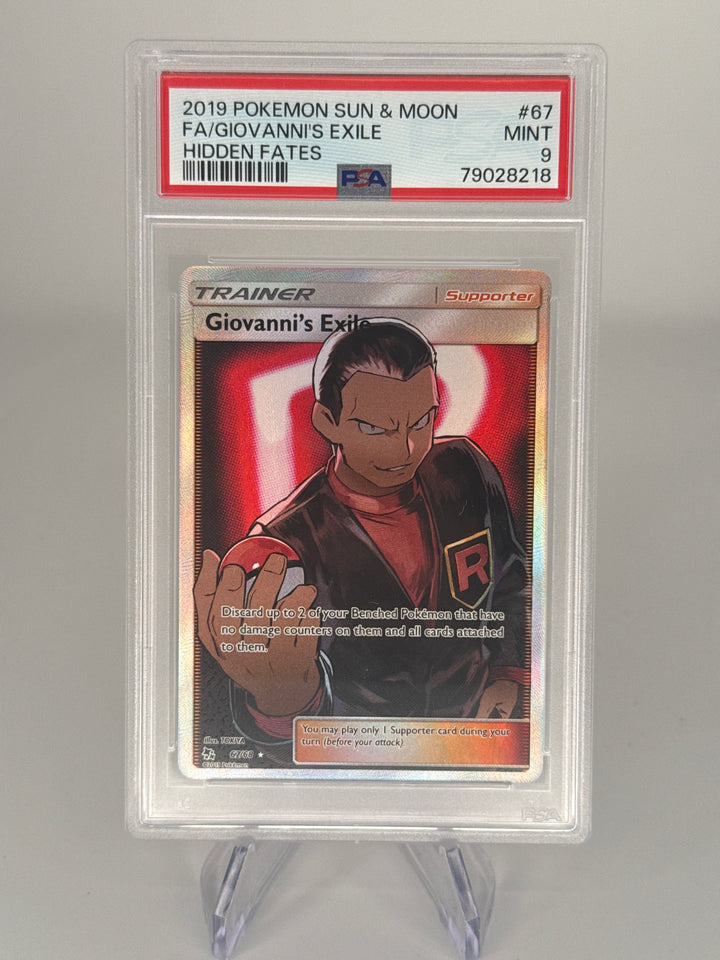 Pokemon TCG 2019 Giovanni's Exile Sun & Moon Hidden Fates Full Art Trainer, 67/68, PSA 9 Mint