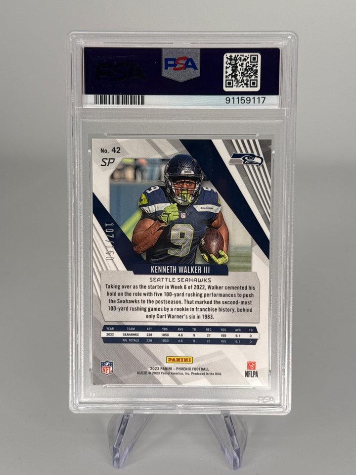 Kenneth Walker 2023 Panini Phoenix SP Lava Prizm, 107/150, PSA 10 Gem Mint