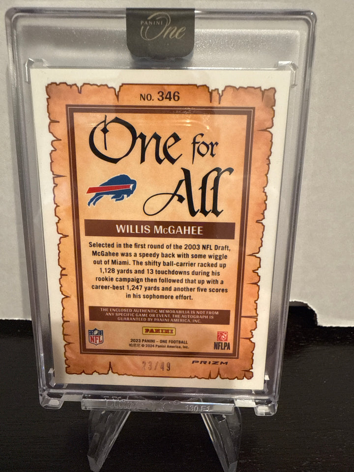 Willis McGahee 2024 Panini One One for All Dual Patch Auto, 23/49