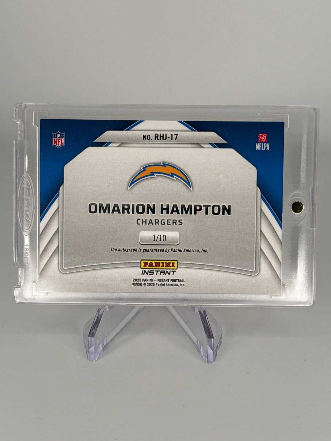 Omarion Hampton 2025 Panini Instant Rookie Hoggs Jumbo Relic Auto, 1/10