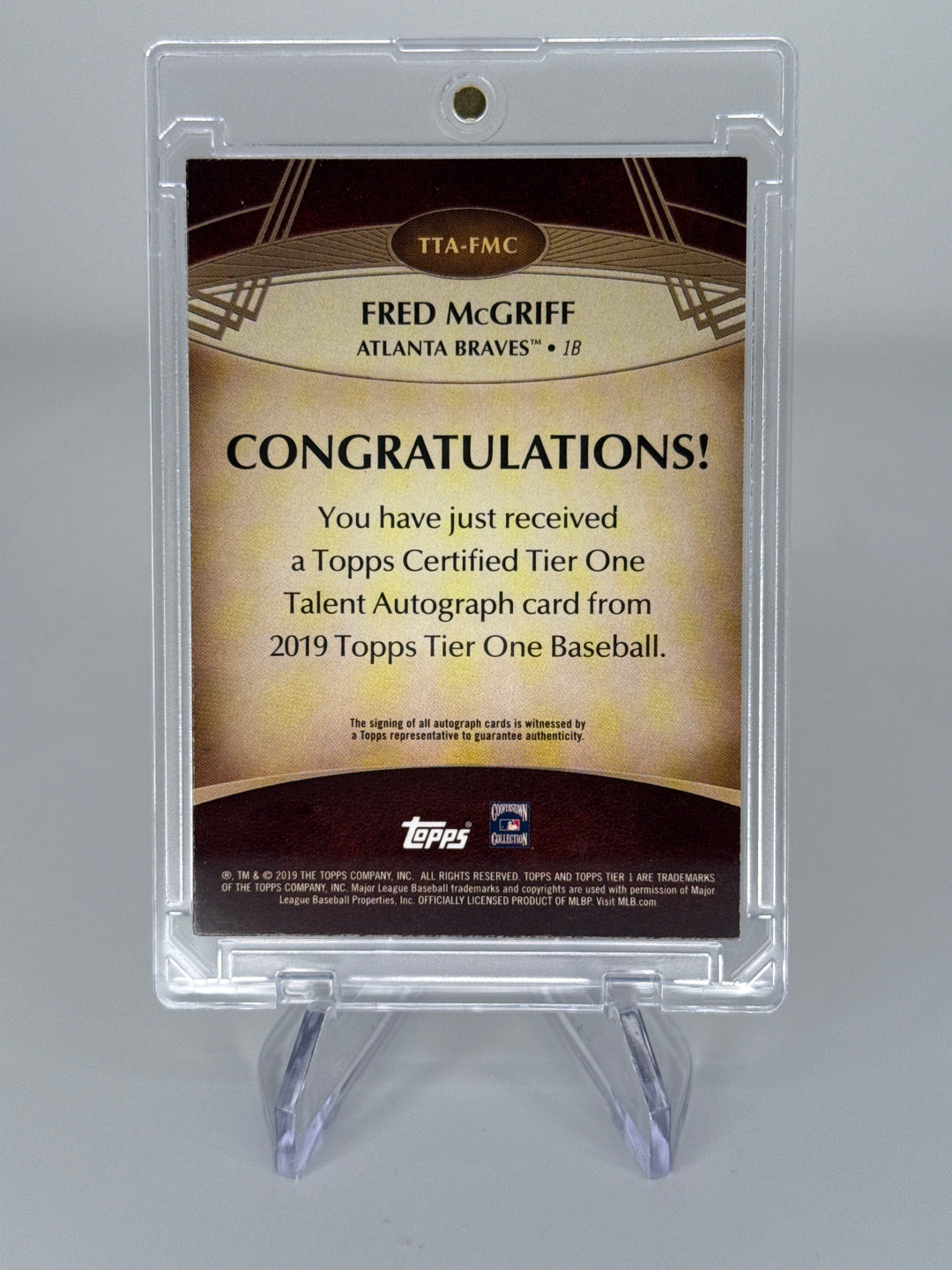 Fred McGriff 2019 Topps Tier One, Tier One Talent Auto, 061/100