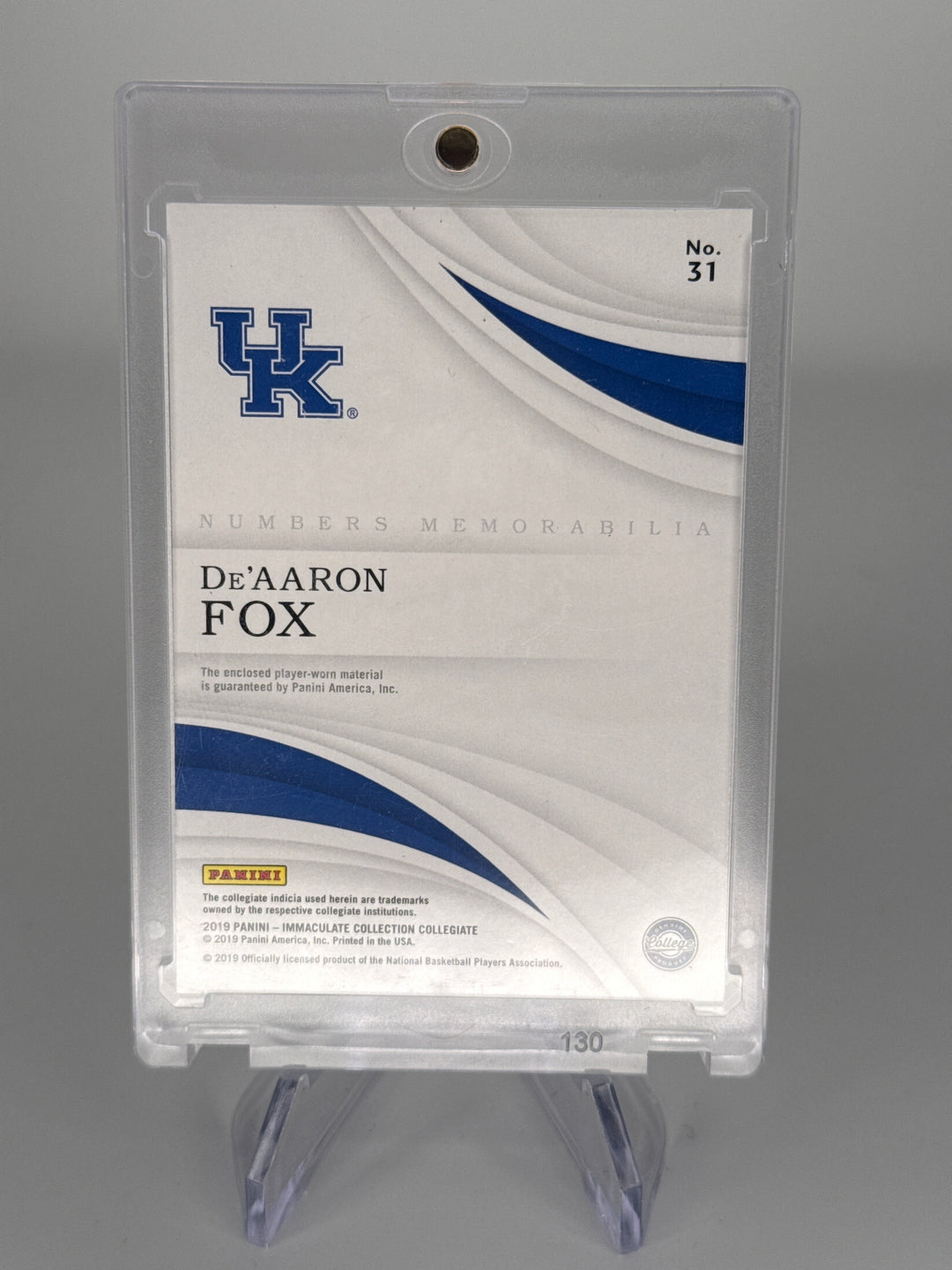 De'Aaron Fox 2019 Panini Immaculate Collegiate Numbers Memorabilia, 4/5