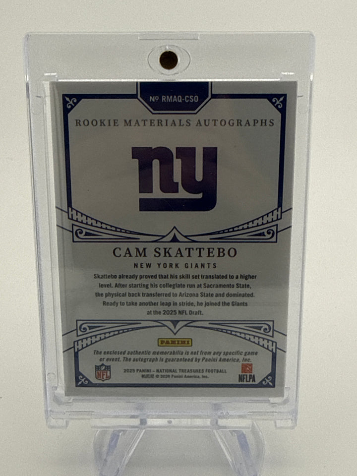 Cam Skattebo 2025 Panini National Treasures Quad Rookie Materials Auto, 26/99