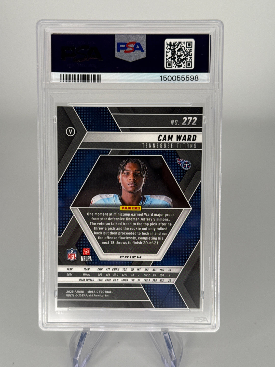Cam Ward 2025 Panini Mosaic Silver No Huddle Rookie, PSA 10 Gem Mint