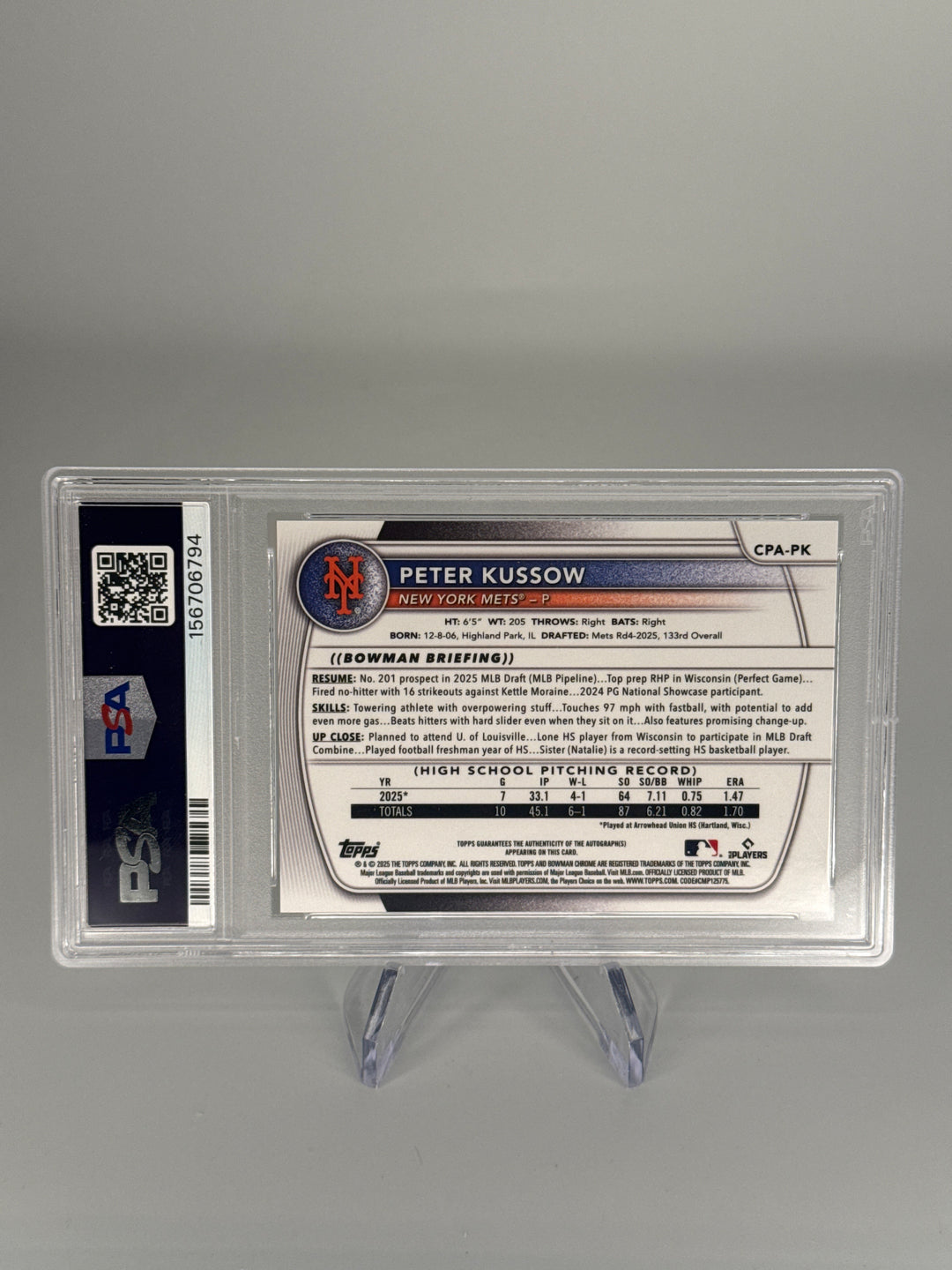 Peter Kussow 2025 Bowman Chrome Aqua Lava Refractor 1st Auto, 022/199, PSA 10 Gem Mint, PSA 10 Auto