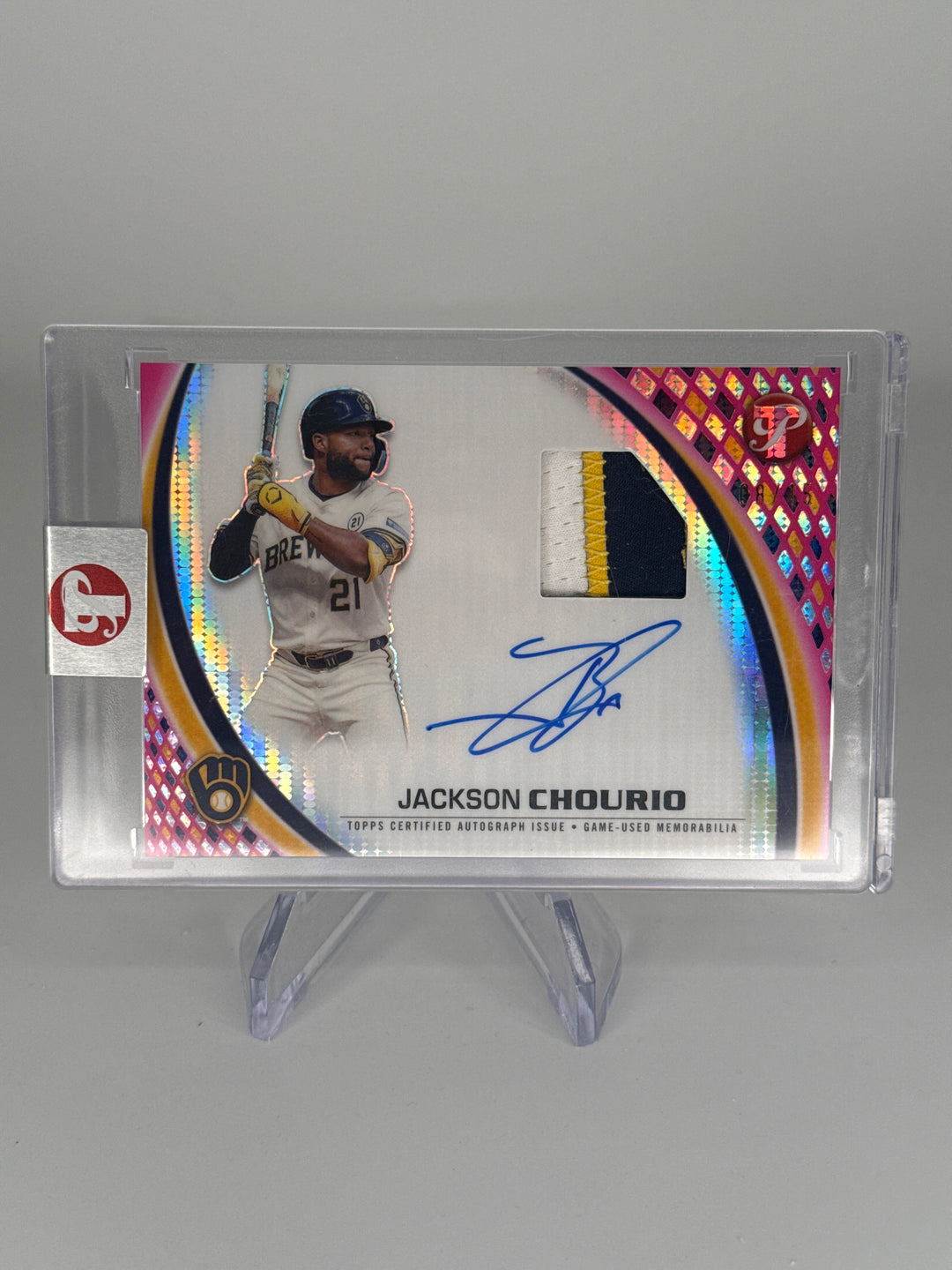 Jackson Chourio 2026 Topps Pristine Pieces Auto Relic Pink, 08/15
