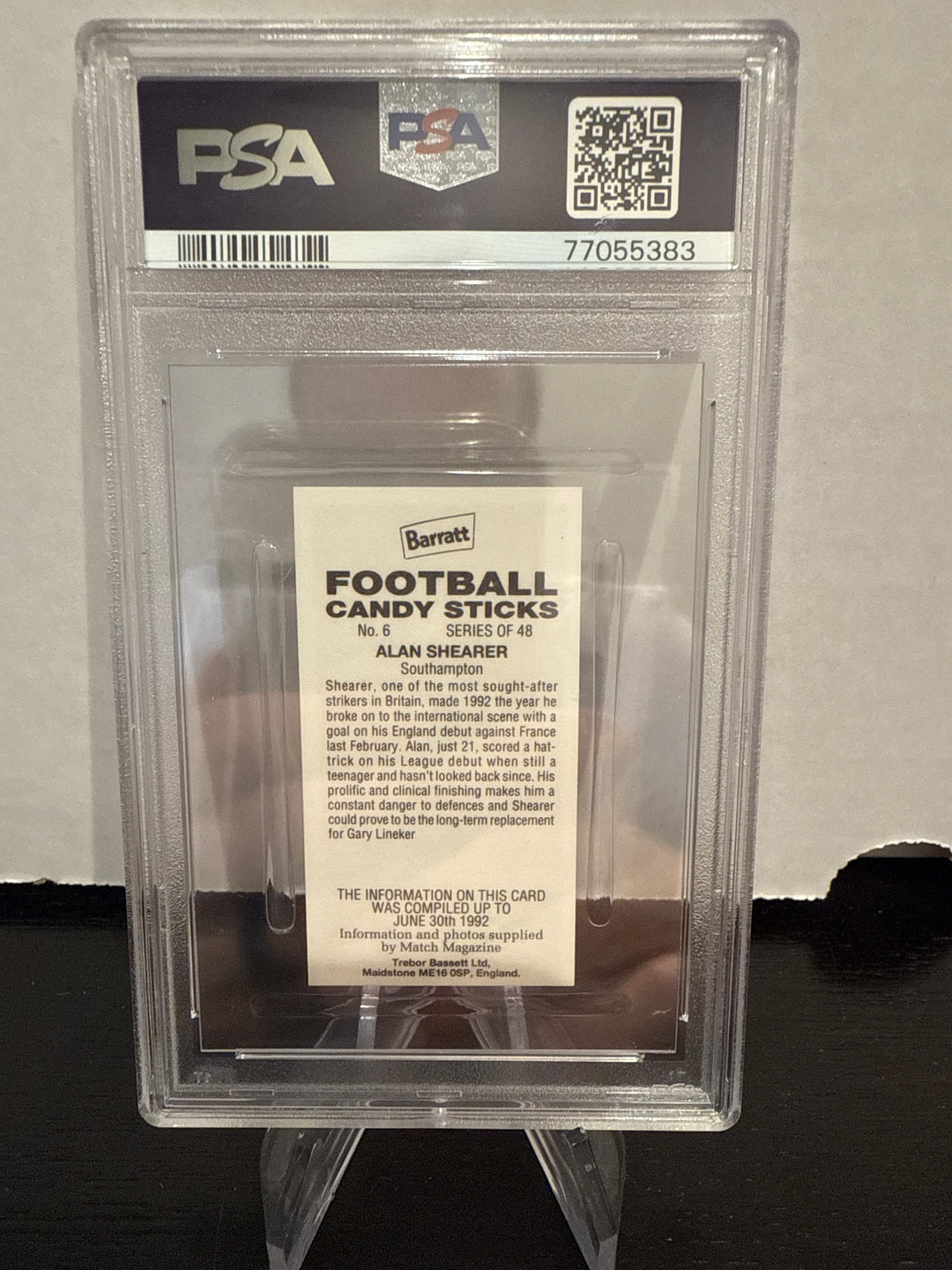 Alan Shearer 1992 Barratt Football Candy Sticks, PSA 10 Gem Mint