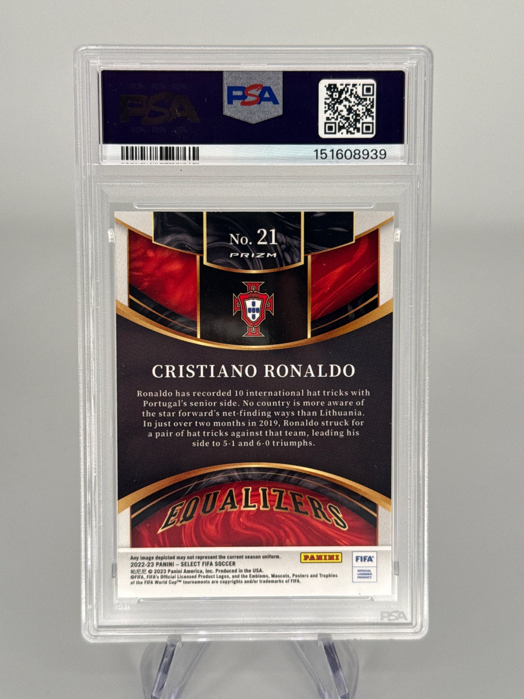 Cristiano Ronaldo 2022-2023 Panini Select Equalizers Silver Prizm, PSA 10 Gem Mint
