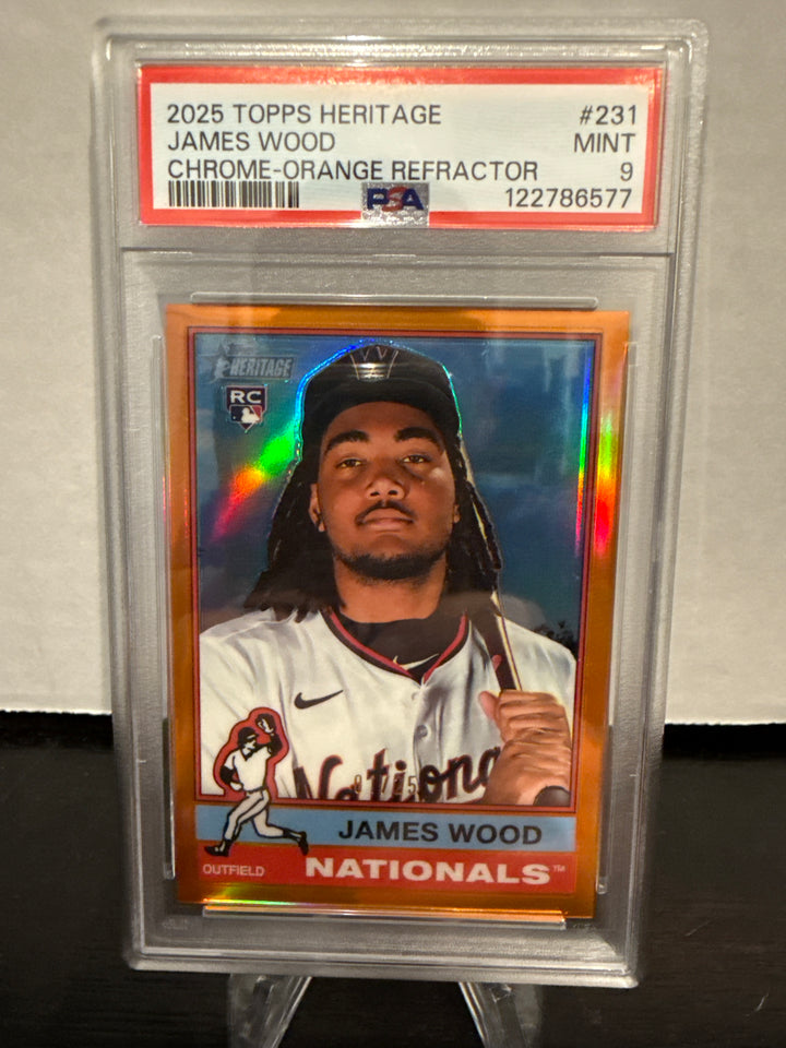 James Wood 2025 Topps Heritage Chrome Orange Refractor Rookie, 01/25, PSA 9 Mint