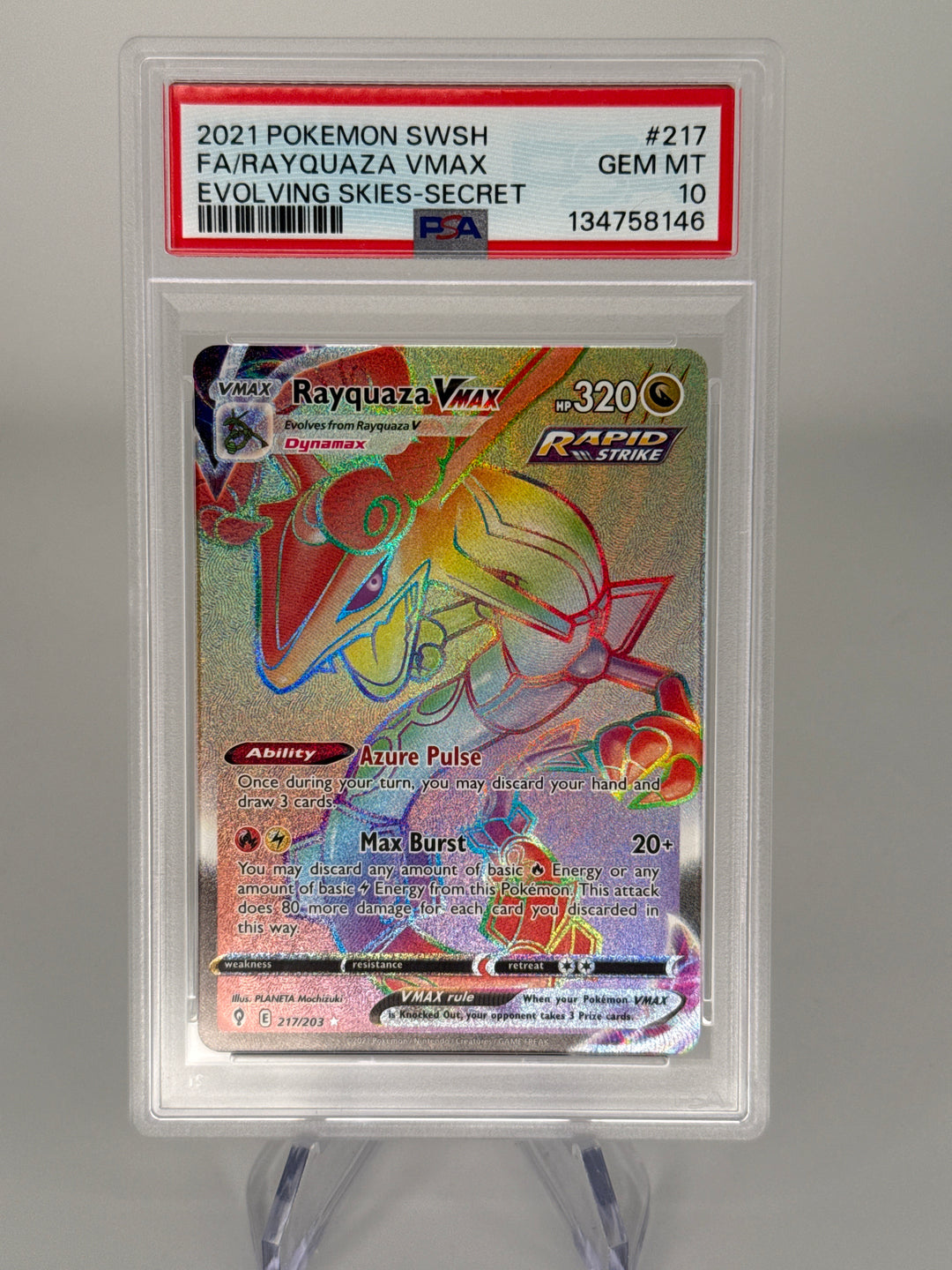 Pokemon TCG 2021 Rayquaza VMax Evolving Skies Secret Rare Full Art, 217/203, PSA 10 Gem Mint