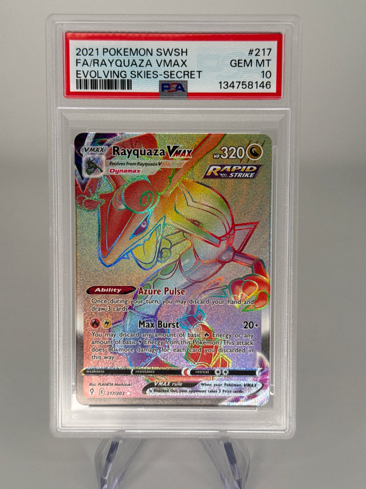 Pokemon TCG 2021 Rayquaza VMax Evolving Skies Secret Rare Full Art, 217/203, PSA 10 Gem Mint