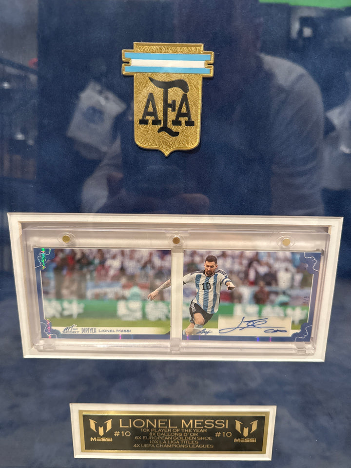 Lionel Messi 2023 Leaf Art of Sport Diptych Autograph Booklet, 5/7, Framed Artwork