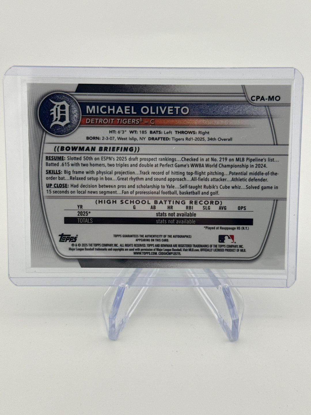 Michael Oliveto 2025 Bowman Chrome 1st Green Refractor Auto, 73/99