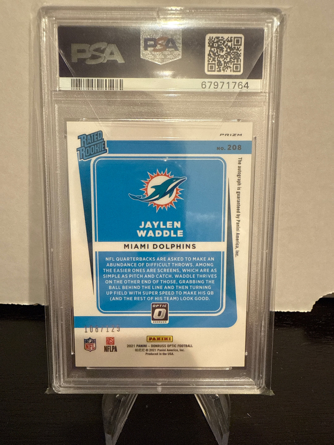 Jaylen Waddle 2021 Panini Donruss Optic Rookie Holo Auto, 108/125, PSA 10 Gem Mint