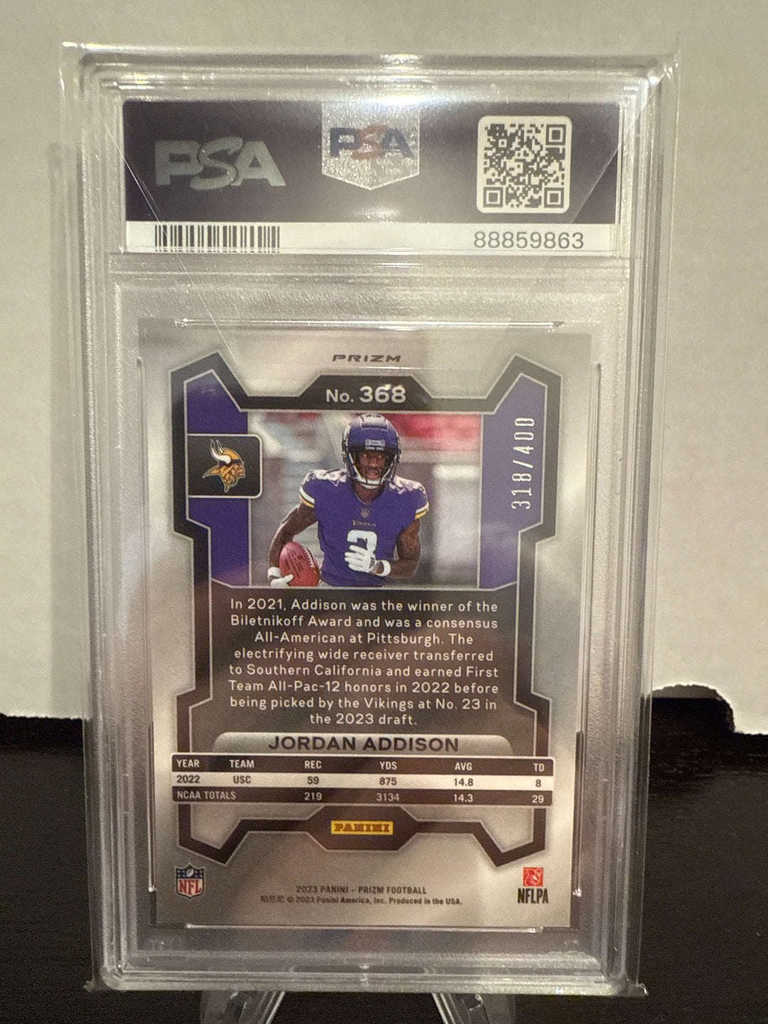 Jordan Addison 2023 Panini Prizm Pandora Rookie, 318/400, PSA 10 Gem Mint