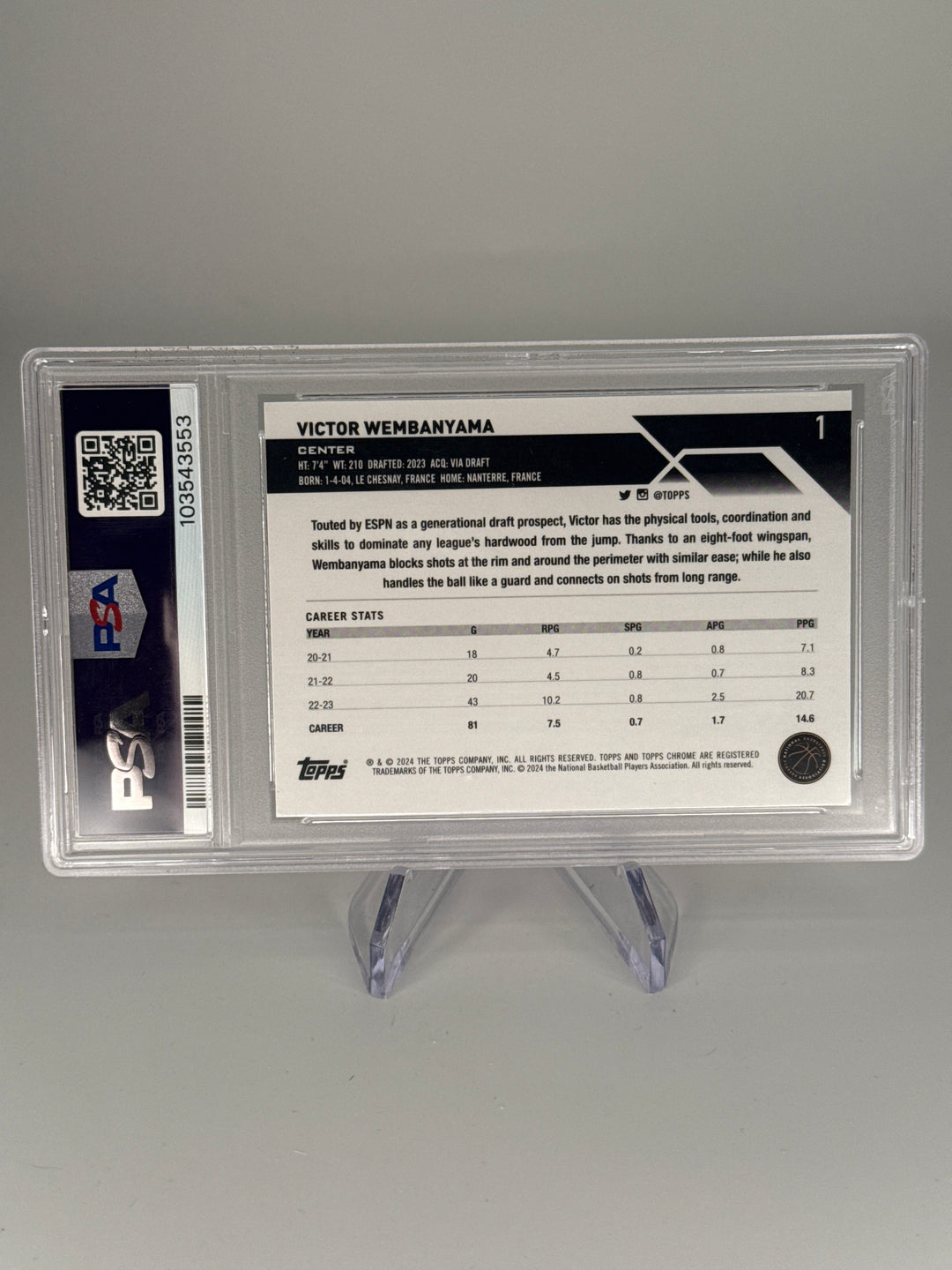 Victor Wembanyama 2023 Topps Chrome Pink Refractor Rookie, PSA 10 Gem Mint
