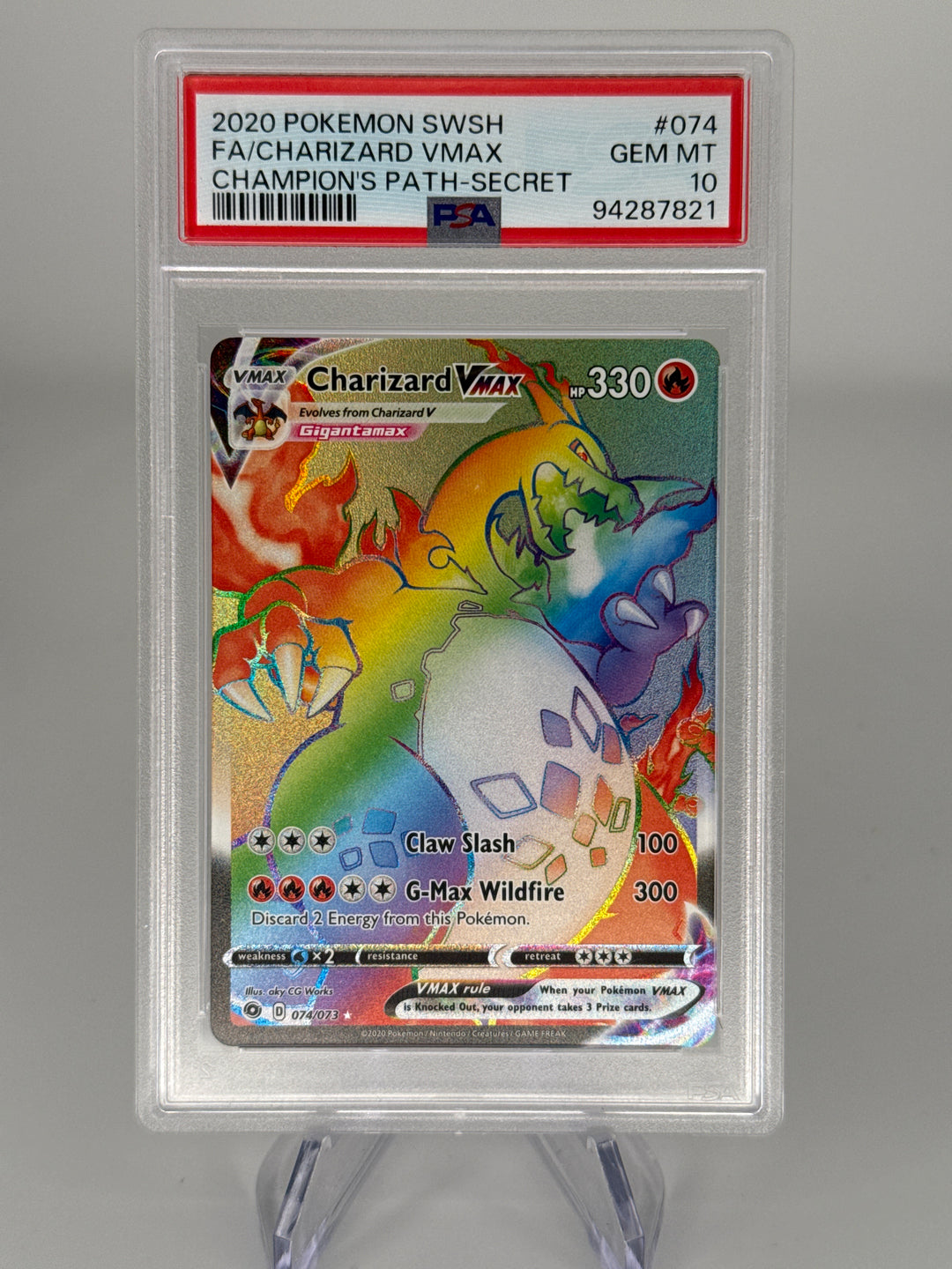 Pokemon TCG 2020 Charizard VMax Champions Path Secret Rare Full Art, 074/073, PSA 10 Gem Mint