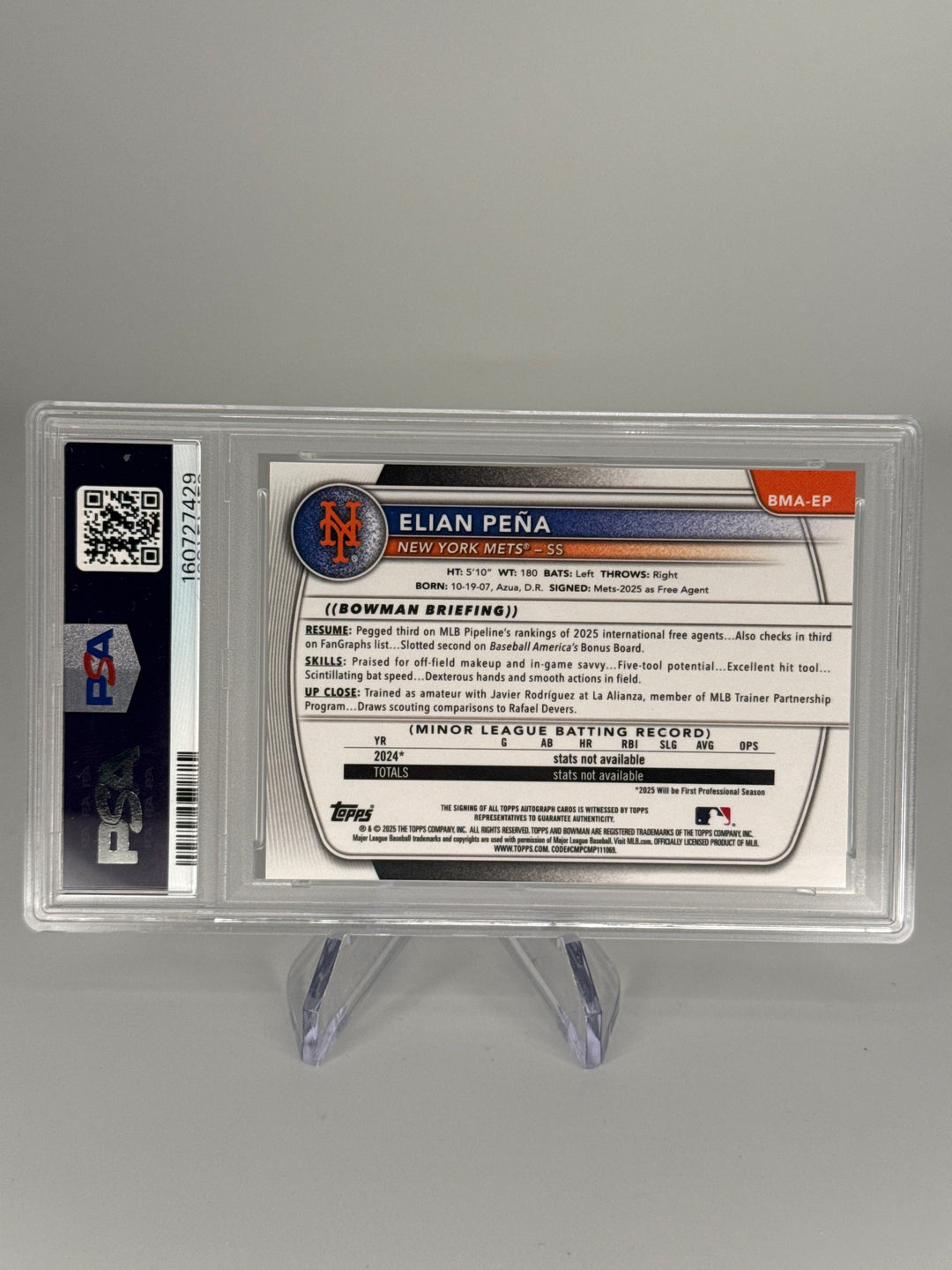 Elian Pena 2025 Bowman Chrome Mega Box Green Refractor Prospect Auto, 14/99, PSA 9 Mint
