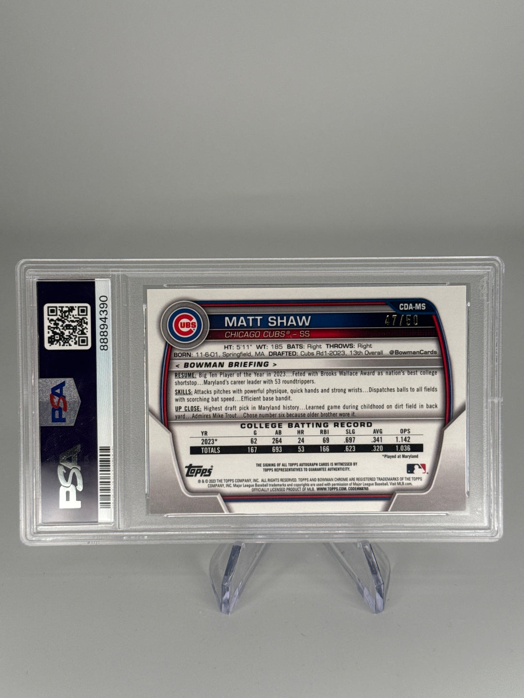 Matt Shaw 2023 Bowman Draft Chrome Sapphire 1st Gold Auto, 47/50, PSA 9 Mint