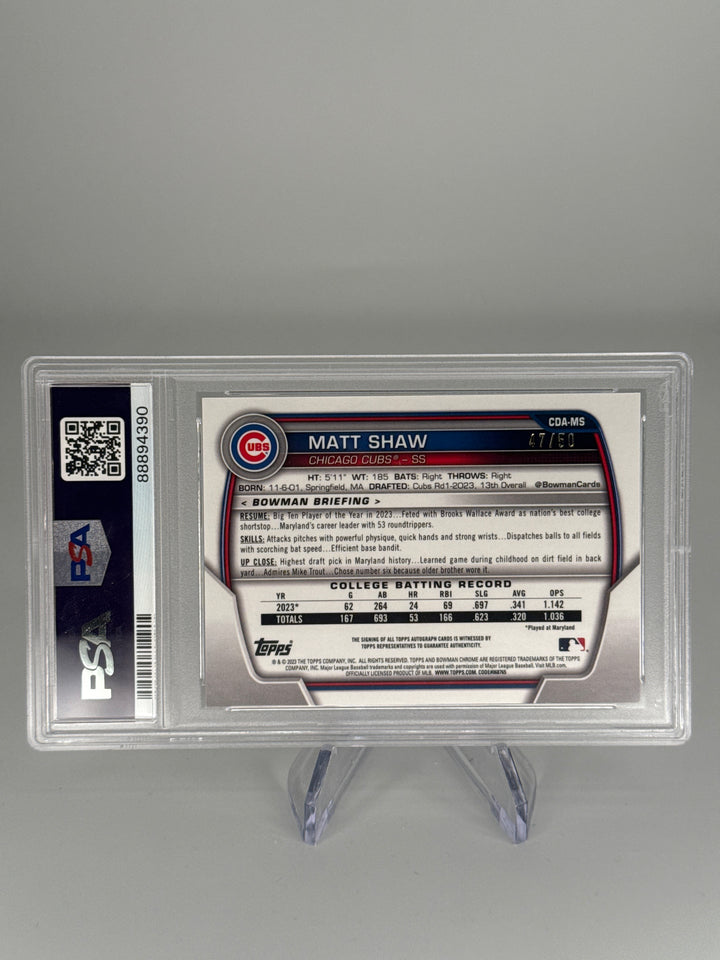 Matt Shaw 2023 Bowman Draft Chrome Sapphire 1st Gold Auto, 47/50, PSA 9 Mint
