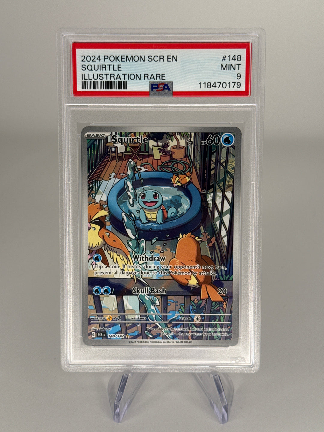 Pokemon TCG 2024 Squirtle Stellar Crown Full Art Illustration Rare, 148/142, PSA 9 Mint