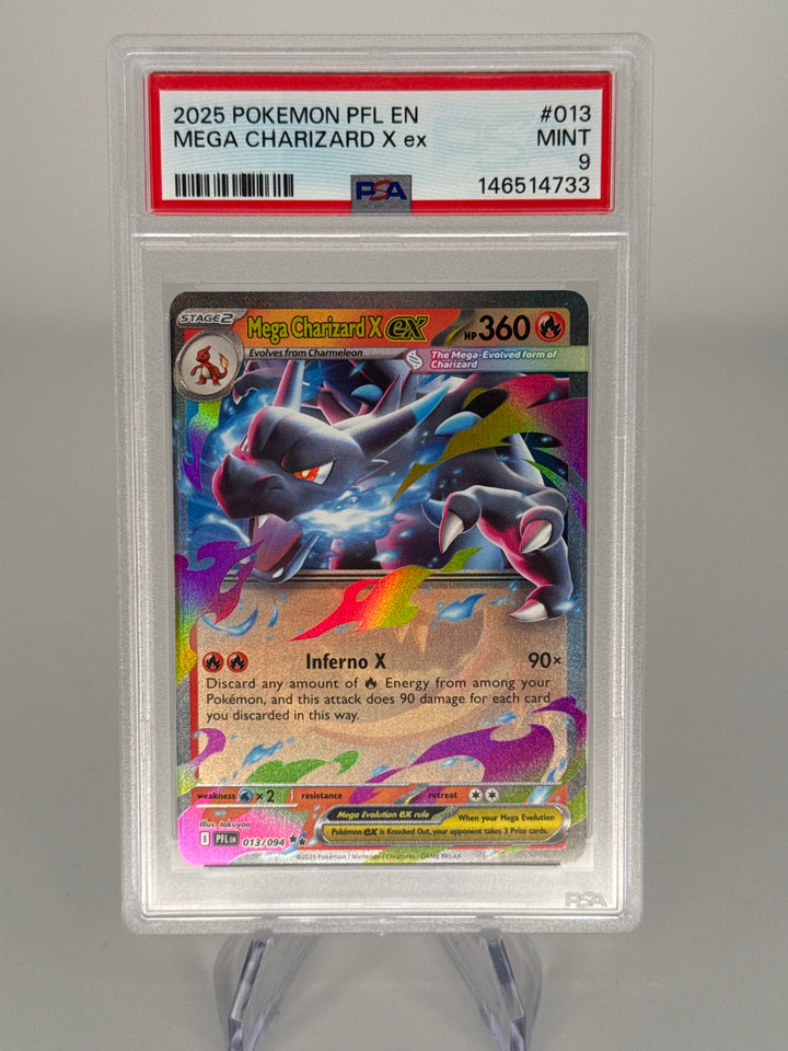 Pokemon TCG 2025 Mega Charizard X EX Phantasmal Flames Holo, 013/094, PSA 9 Mint