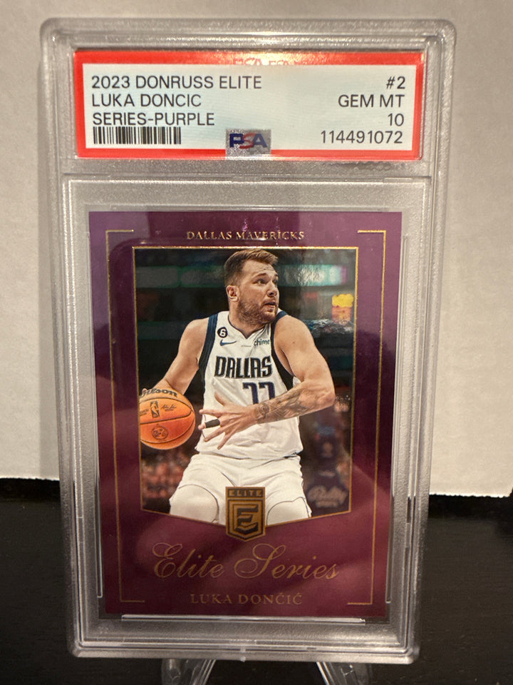 Luka Doncic 2023 Panini Donruss Elite Series Purple, 15/49, PSA 10 Gem Mint