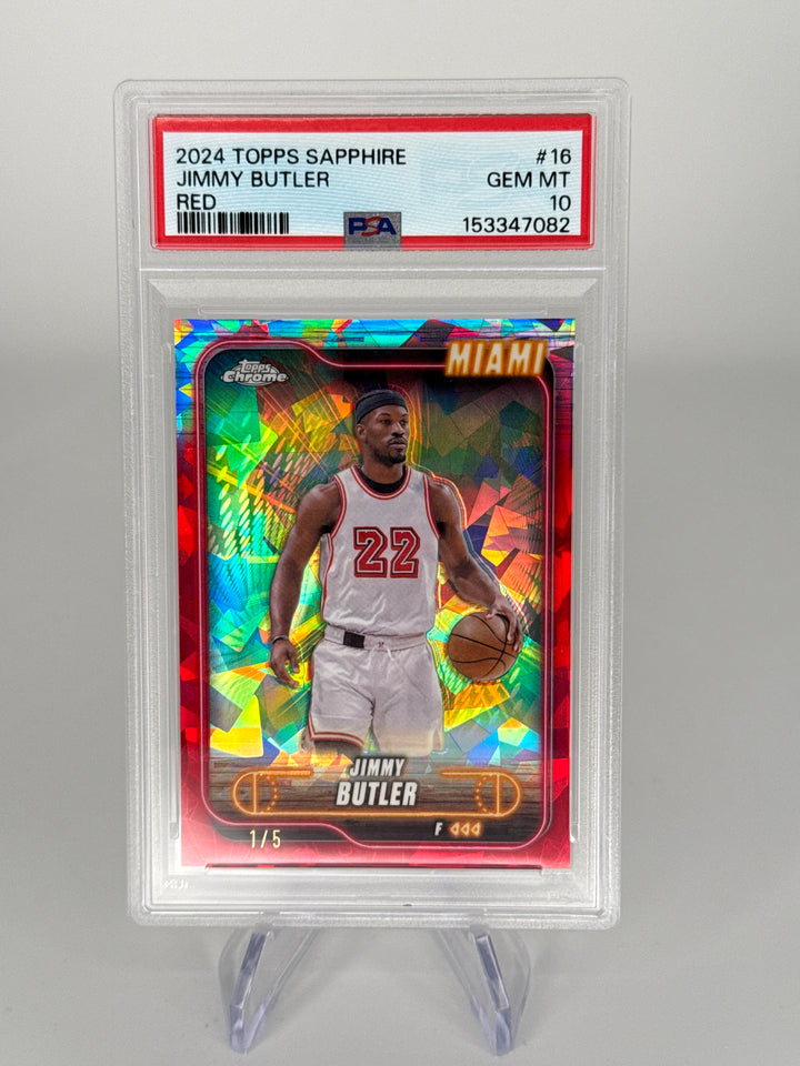 Jimmy Butler 2024 Topps Chrome Sapphire Red Refractor, 1/5, PSA 10 Gem Mint