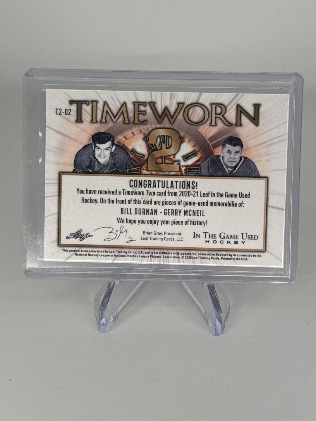 Bill Durnan/Gerry Mcneil 2020 Leaf in the Game Used Sports, Timeworn Dual Relic, 1/1