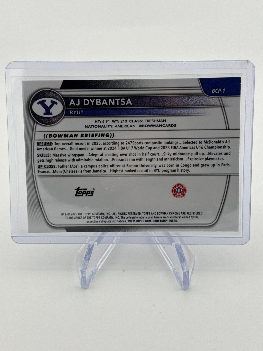 AJ Dybantsa 2025 Bowman Chrome University Purple Mojo Refractor 1st, 222/250