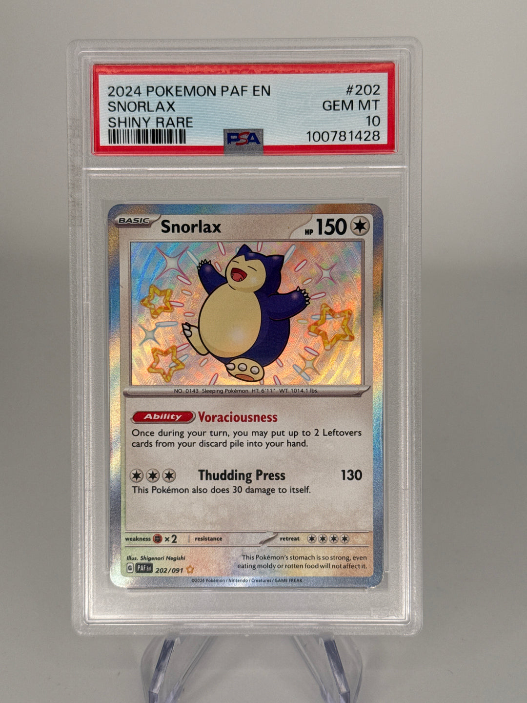 Pokemon TCG 2024 Snorlax Shining Holo Paldean Fates Shiny Rare, 202/091, PSA 10 Gem Mint