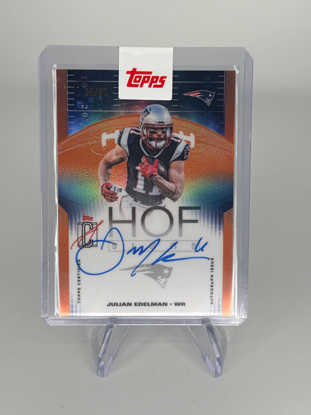 Julian Edelman 2025 Topps Signature Class Class Chrome Orange Refractor Auto, 39/50