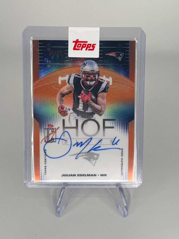 Julian Edelman 2025 Topps Signature Class Class Chrome Orange Refractor Auto, 39/50