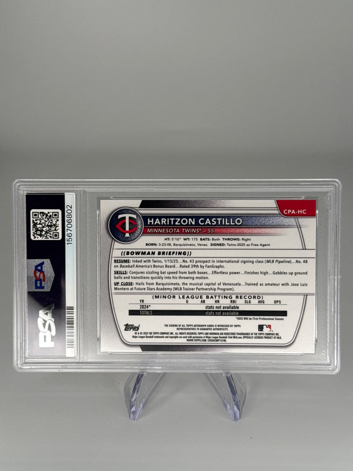 Haritzon Castillo 2025 Bowman Chrome Orange Wave Refractor 1st Auto, 13/25, PSA 9 Mint, PSA 10 Auto