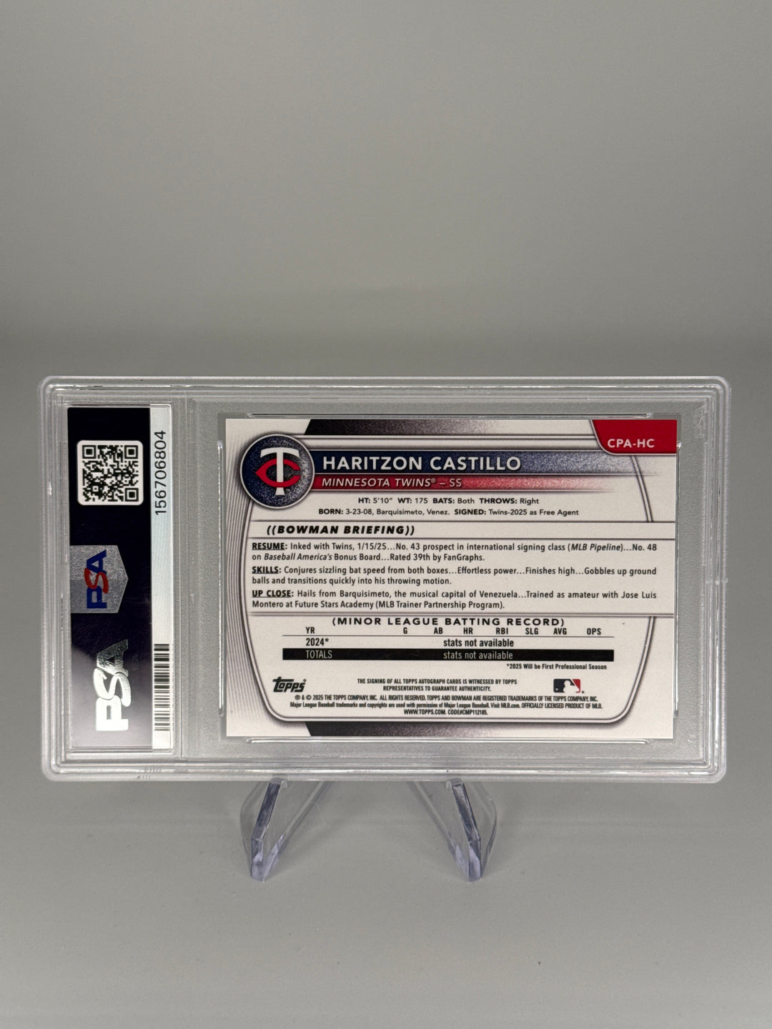 Haritzon Castillo 2025 Bowman Chrome Blue Raywave Refractor 1st Auto, 034/150, PSA 10 Gem Mint, PSA 10 Auto