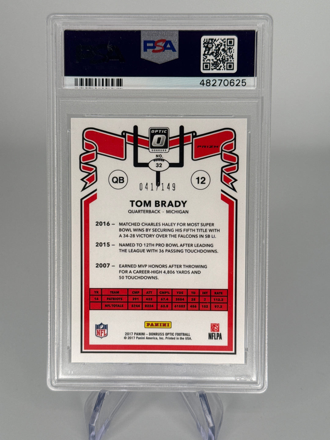 Tom Brady 2017 Panini Donruss Optic 1981 Tribute Blue Prizm, 041/149, PSA 9 Mint