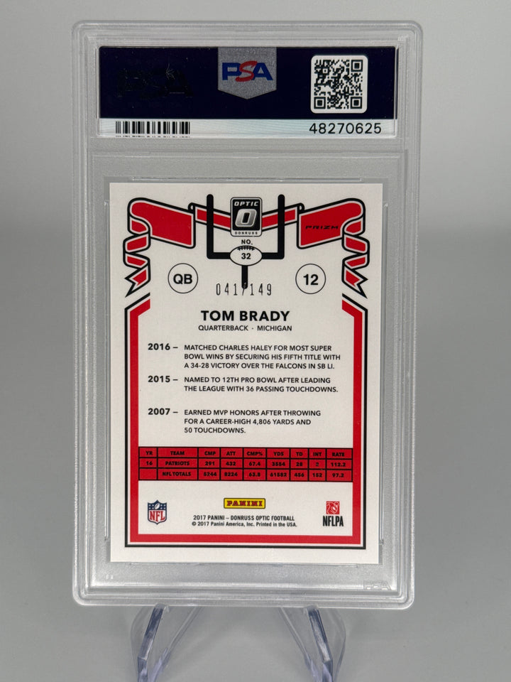 Tom Brady 2017 Panini Donruss Optic 1981 Tribute Blue Prizm, 041/149, PSA 9 Mint