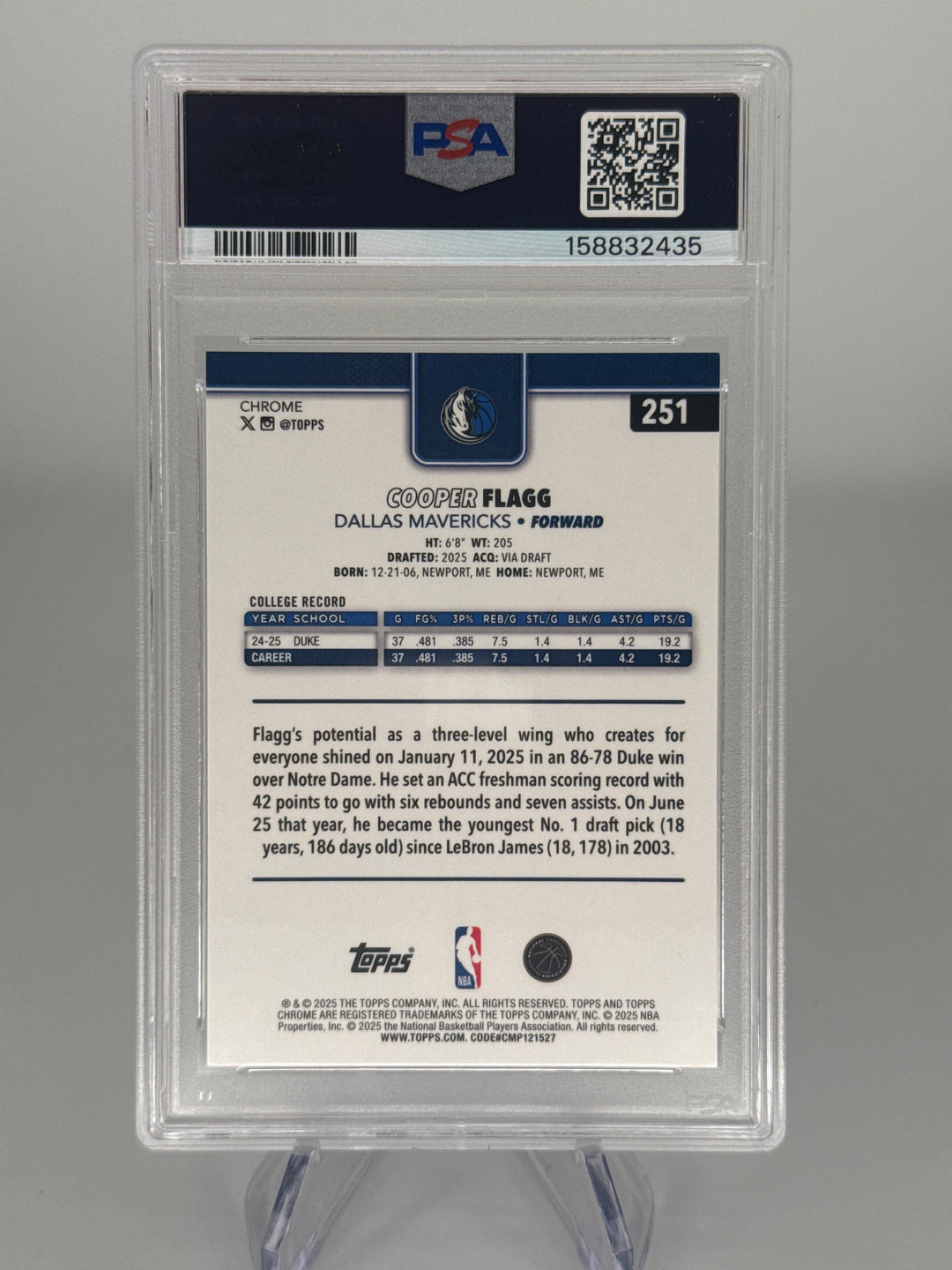 Cooper Flagg 2025 Topps Chrome Rookie, PSA 8