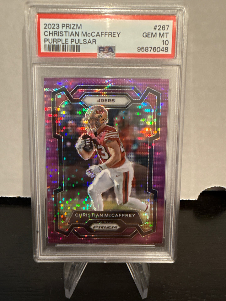 Christian McCaffrey 2023 Panini Prizm Purple Pulsar, PSA 10 Gem Mint