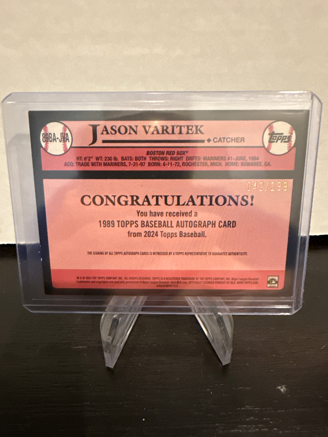 Jason Varitek 2024 Topps Series One 1989 35th Anniversary Auto, 042/199