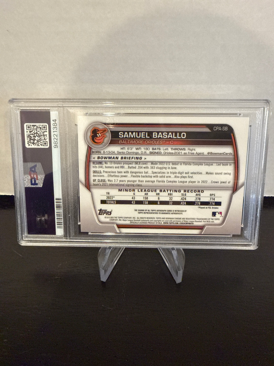 Samuel Basallo 202 Bowman Chrome 1st Auto, PSA 10 Gem Mint
